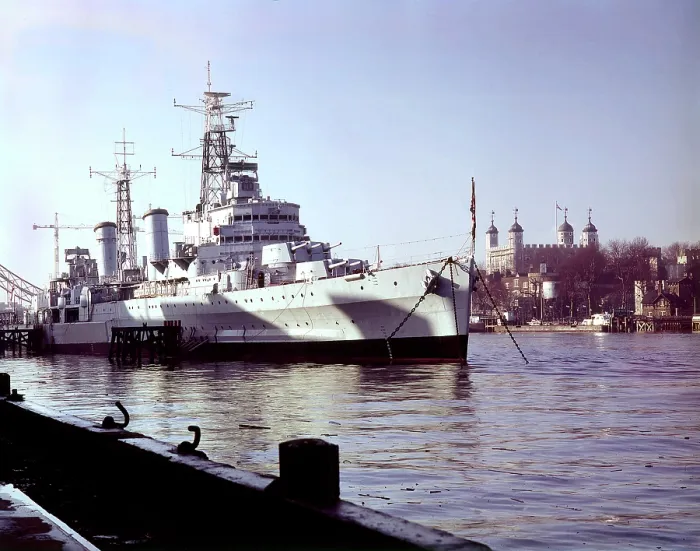 Framed Print : H.M.S. Belfast, Pool of London Date: circa 1960s Framed Print : H.M.S. Belfast, Pool of London Date: circa 1960s