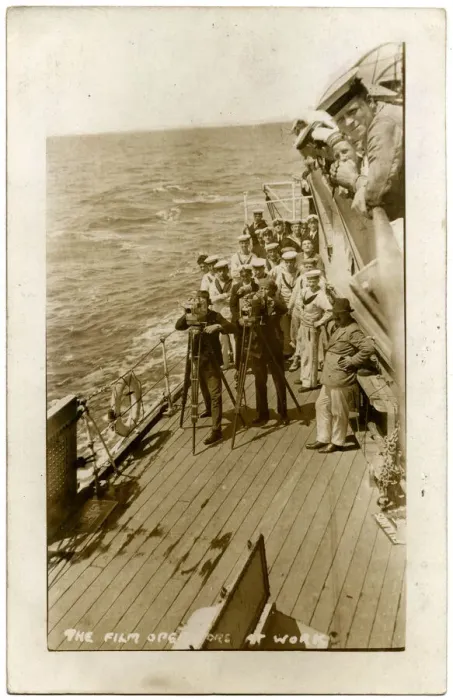 Framed Print : HMS Cardiff, British cruiser, with film crew at work on deck Framed Print : HMS Cardiff, British cruiser, with film crew at work on deck