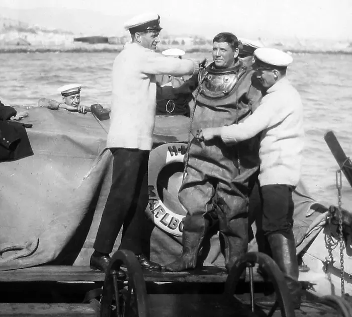 Framed Print : HMS Marlborough dressing a diver possibly 1930s Framed Print : HMS Marlborough dressing a diver possibly 1930s