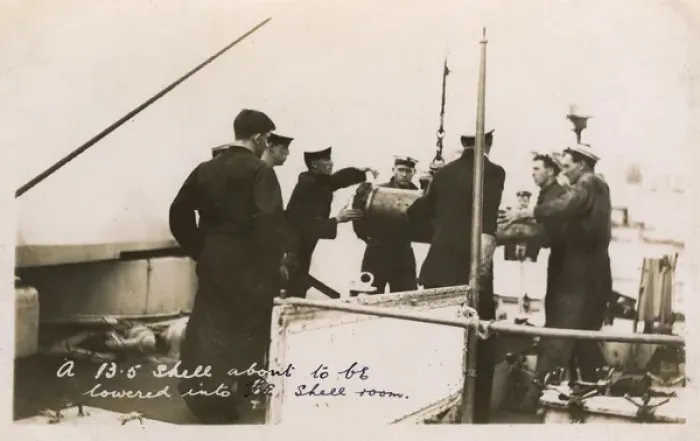 Framed Print : HMS Marlborough - Lowering a 13. 5 inch shell into shell room Framed Print : HMS Marlborough - Lowering a 13. 5 inch shell into shell room