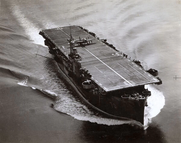 HMS Ravager, escort carrier, with aircaft on deck