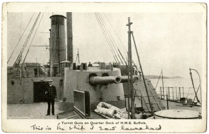 Framed Print : HMS Suffolk, British cruiser, turret guns on quarter deck Framed Print : HMS Suffolk, British cruiser, turret guns on quarter deck