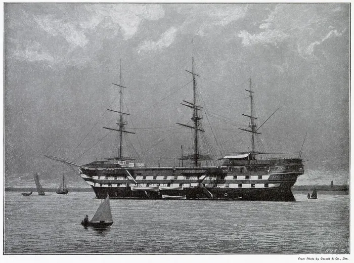 Framed Print : HMS Worcester, training Ship for the Thames Marine Officers, moored at the lower estuary of the River Thames, off Greenhithe. Date: 1895 Framed Print : HMS Worcester, training Ship for the Thames Marine Officers, moored at the lower estuary of the River Thames, off Greenhithe. Date: 1895