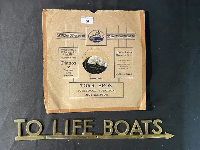 Framed Print : HMV 78rpm record, and brass To Life Boats sign Framed Print : HMV 78rpm record, and brass To Life Boats sign