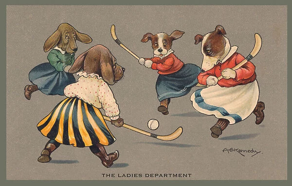 Hockey. Female dogs playing hockey. Artist: A E Kennedy Date: 1912