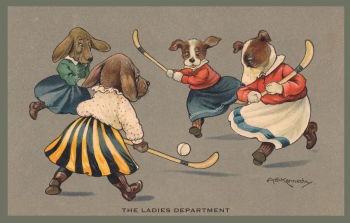 Framed Print : Hockey. Female dogs playing hockey. Artist: A E Kennedy Date: 1912 Framed Print : Hockey. Female dogs playing hockey. Artist: A E Kennedy Date: 1912