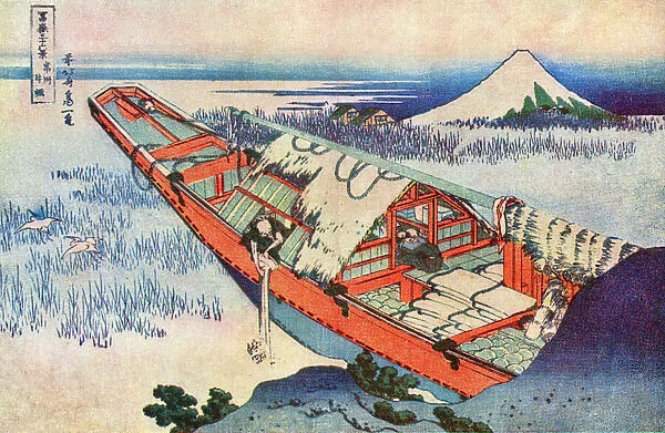 Hokusai woodcut - Ushibori: A Junk moored among reeds