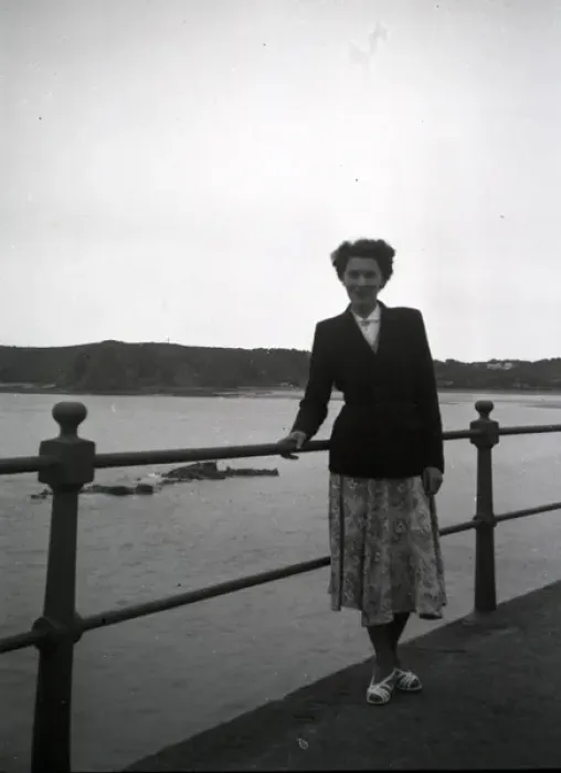 Framed Print : Holidaymaker by Railing, Unknown location Framed Print : Holidaymaker by Railing, Unknown location