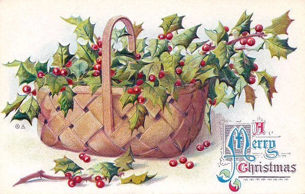 Holly in a basket on a Christmas postcard