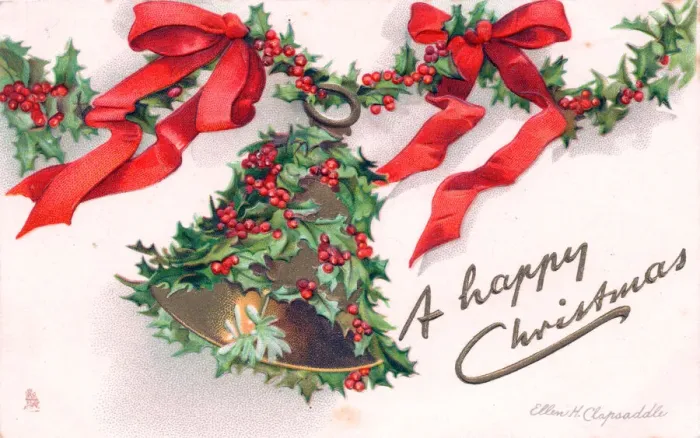 Framed Print : Holly with bell and red ribbons on a Christmas postcard Framed Print : Holly with bell and red ribbons on a Christmas postcard