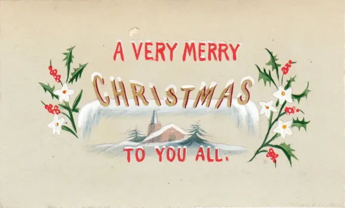 Framed Print : Holly and a church on a hand-coloured Christmas card Framed Print : Holly and a church on a hand-coloured Christmas card
