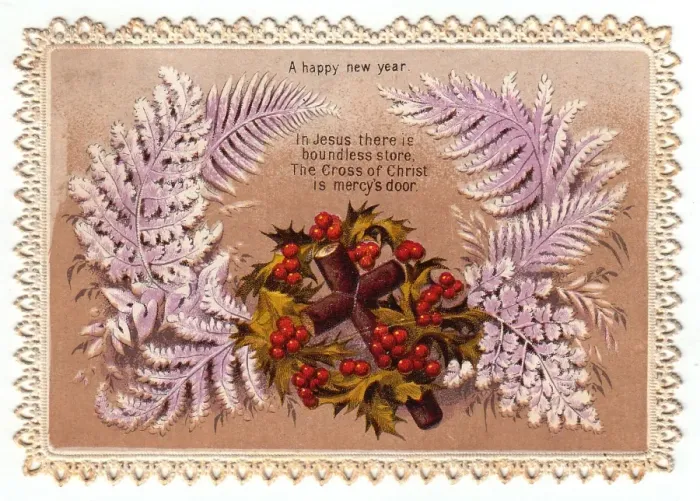 Framed Print : Holly and cross with frosted leaves on a New Year card Framed Print : Holly and cross with frosted leaves on a New Year card