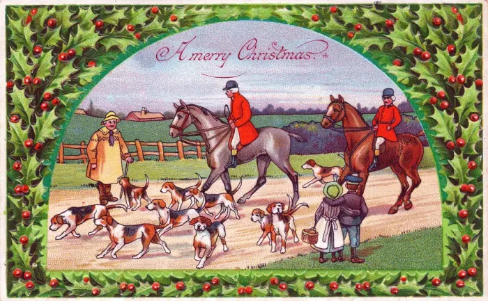 Framed Print : Holly with foxhunting scene on a Christmas postcard Framed Print : Holly with foxhunting scene on a Christmas postcard