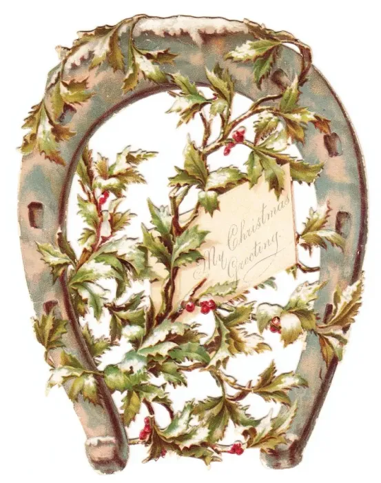 Framed Print : Holly and horseshoe on a Christmas card Framed Print : Holly and horseshoe on a Christmas card