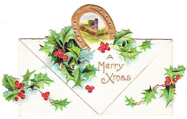Holly and horseshoe on a cutout Christmas card