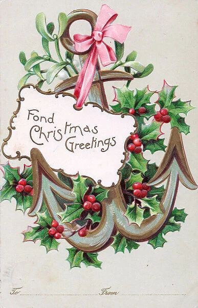 Holly, mistletoe and anchor on a Christmas postcard