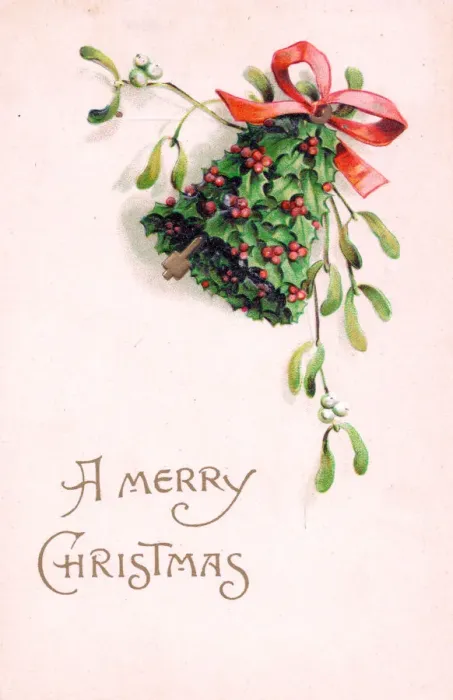 Framed Print : Holly and mistletoe with bell on a Christmas postcard Framed Print : Holly and mistletoe with bell on a Christmas postcard