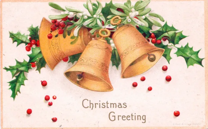 Framed Print : Holly and mistletoe with bells on a Christmas postcard Framed Print : Holly and mistletoe with bells on a Christmas postcard