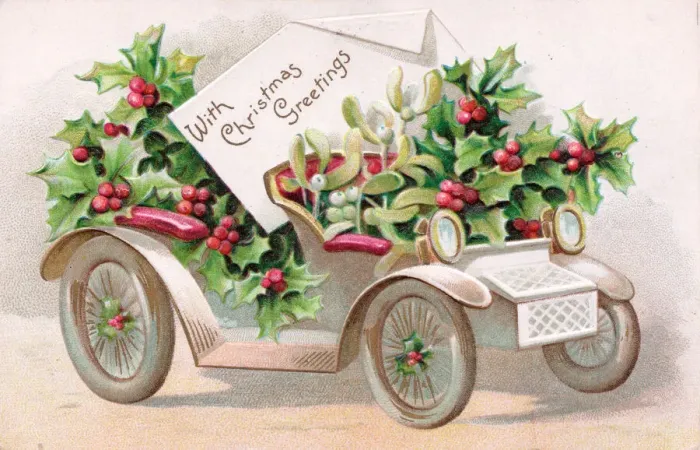 Framed Print : Holly and mistletoe in a car on a Christmas postcard Framed Print : Holly and mistletoe in a car on a Christmas postcard