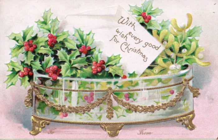 Framed Print : Holly and mistletoe on a Christmas postcard Framed Print : Holly and mistletoe on a Christmas postcard
