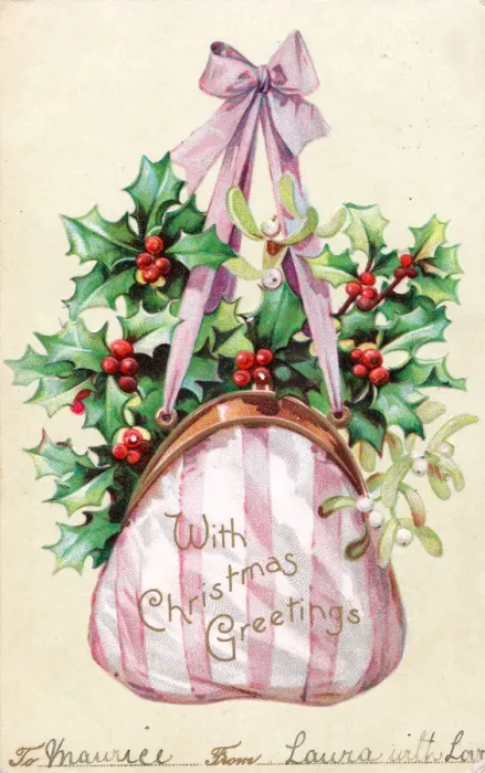 Framed Print : Holly and mistletoe in a handbag on a Christmas postcard Framed Print : Holly and mistletoe in a handbag on a Christmas postcard