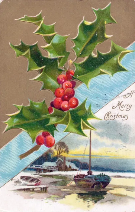 Framed Print : Holly with snow scene and boats on a Christmas postcard Framed Print : Holly with snow scene and boats on a Christmas postcard
