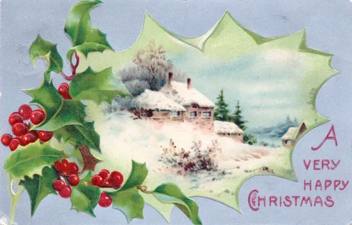Framed Print : Holly with snow scene on a Christmas postcard Framed Print : Holly with snow scene on a Christmas postcard