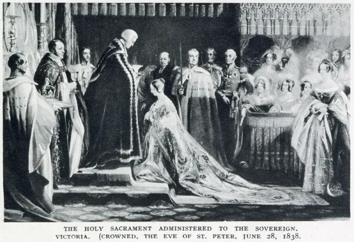 Framed Print : The holy sacrament administered to the sovereign, Queen Victoria, crowned the eve of St. Peter. Date: 28 June 1838 Framed Print : The holy sacrament administered to the sovereign, Queen Victoria, crowned the eve of St. Peter. Date: 28 June 1838