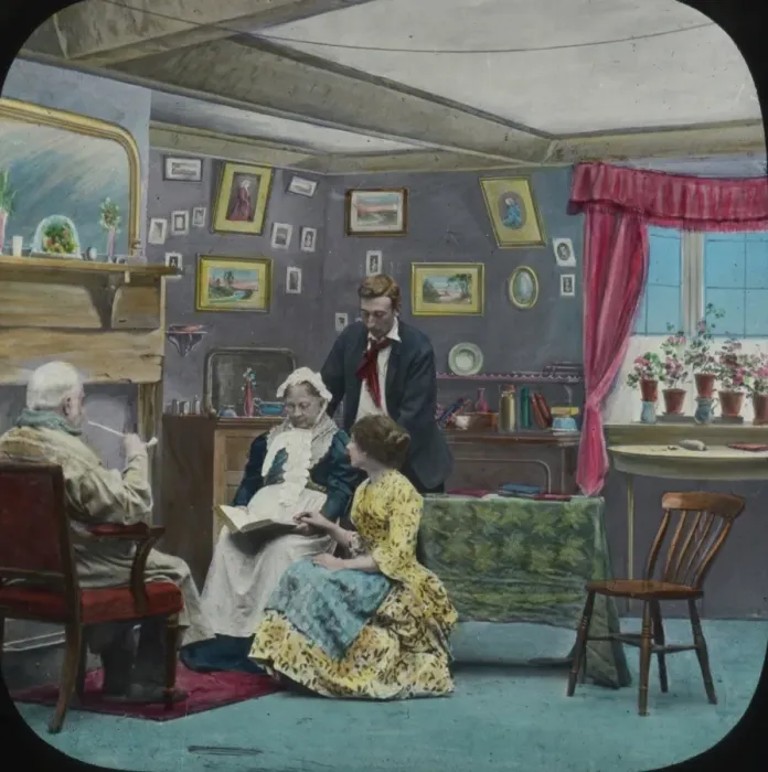 Framed Print : Home scene - couple and elderly parents Framed Print : Home scene - couple and elderly parents
