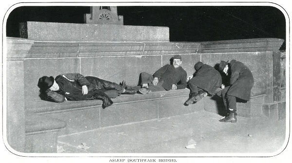 Homeless men sleeping on Southwark Bridge, London 1900