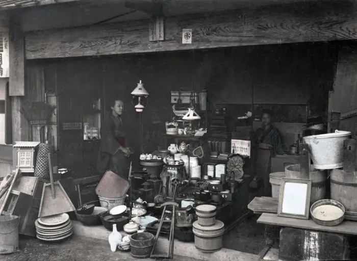 Framed Print : Homeware store, Japan, c. 1880s Vintage late 19th century photograph Framed Print : Homeware store, Japan, c. 1880s Vintage late 19th century photograph