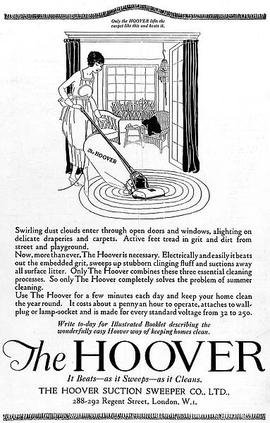 Hoover. 1920 advertisement for the Hoover Suction Sweeper Company of Regent Street, London