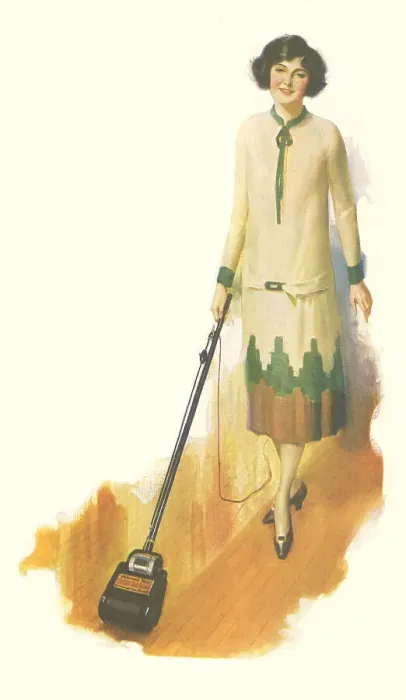 Framed Print : Hoovering - Housewife hoovering a floor surface. Date: 1923 Framed Print : Hoovering - Housewife hoovering a floor surface. Date: 1923