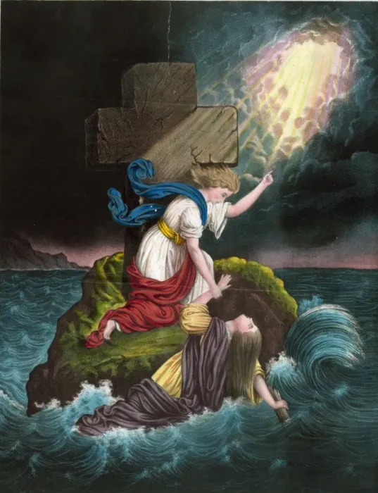 Framed Print : Hope. Print shows a drowning woman being pulled Framed Print : Hope. Print shows a drowning woman being pulled