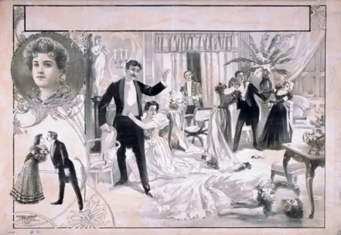 Framed Print : Horrified onlookers in formal dress view dead woman and smok Framed Print : Horrified onlookers in formal dress view dead woman and smok