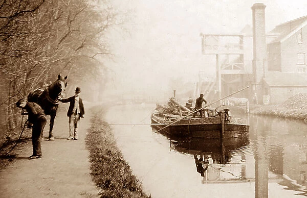 Horse drawn barge on a canal, Victorian period