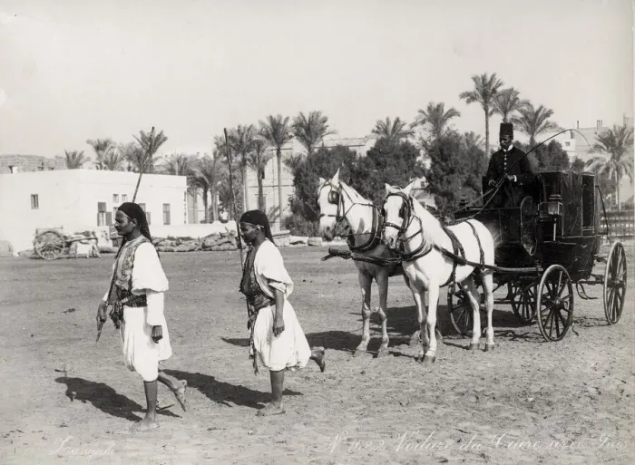 Framed Print : Horse drawn carriage, footmen Cairo, Egypt, Zangaki studio Framed Print : Horse drawn carriage, footmen Cairo, Egypt, Zangaki studio