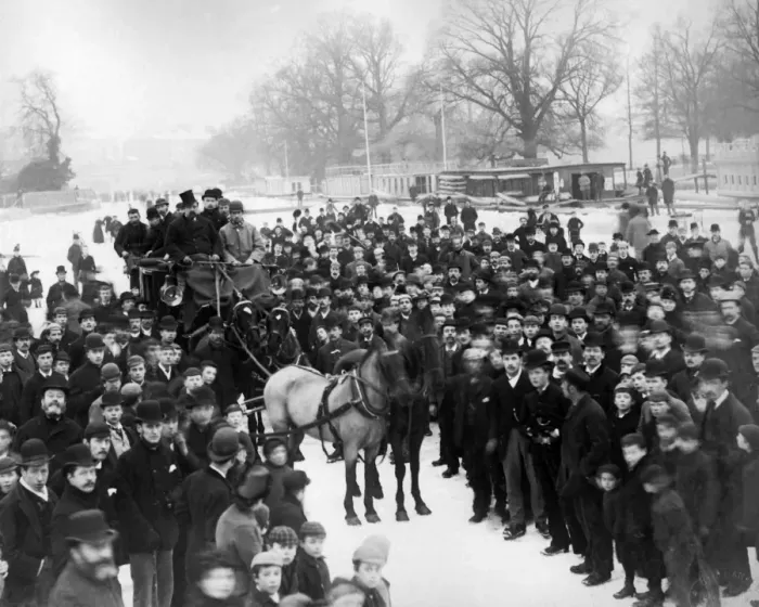 Framed Print : Horse-drawn carriage on frozen river Framed Print : Horse-drawn carriage on frozen river