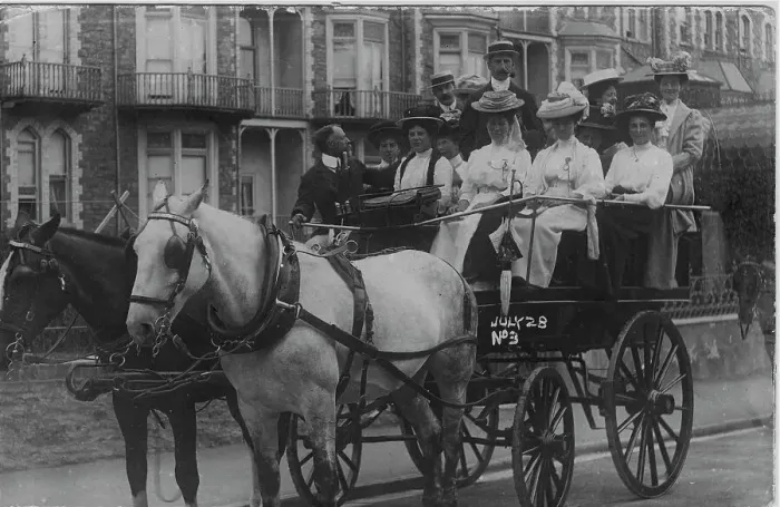 Framed Print : Horse drawn carriage full of ladies in big hats Framed Print : Horse drawn carriage full of ladies in big hats