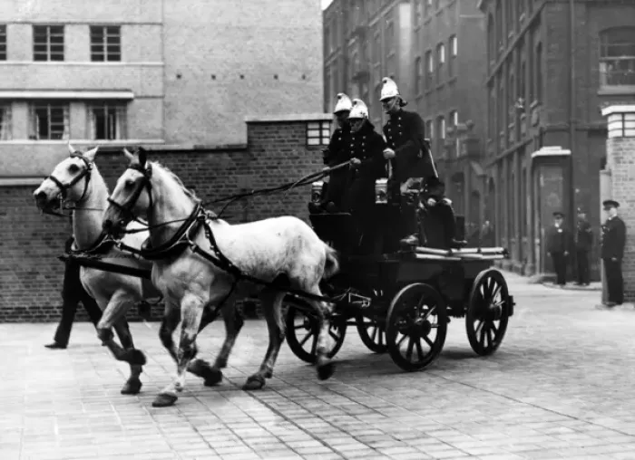 Framed Print : Horse-drawn fire vehicle and crew in display Framed Print : Horse-drawn fire vehicle and crew in display