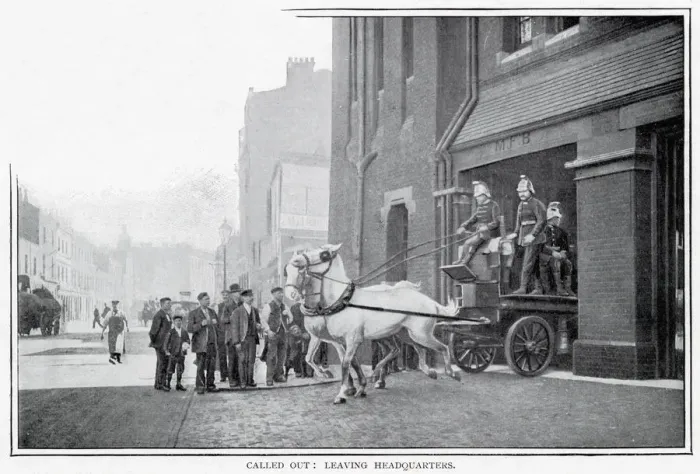 Framed Print : Horse-drawn steamer leaving headquarters 1900 Framed Print : Horse-drawn steamer leaving headquarters 1900