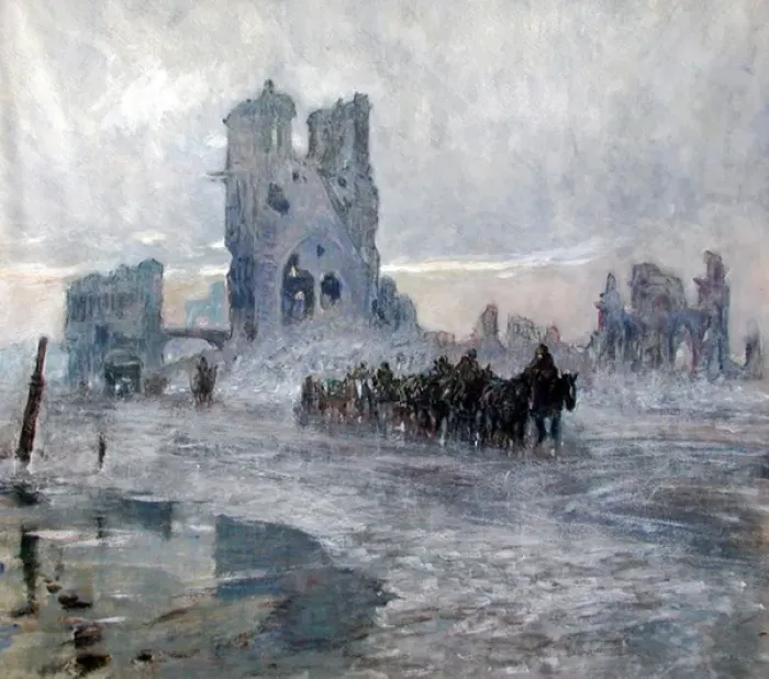 Framed Print : Horse-drawn transports passing the Cloth Hall, Ypres Framed Print : Horse-drawn transports passing the Cloth Hall, Ypres