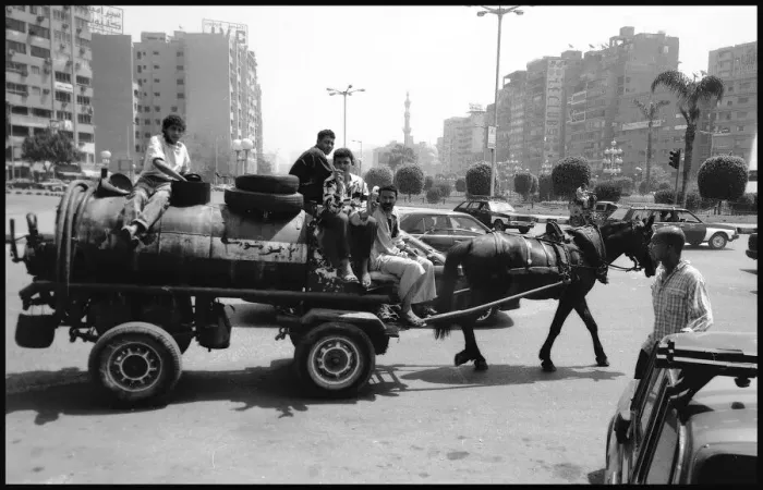 Framed Print : Horse drawn vehicle in Cairo traffic, Egypt. Date: 1980s Framed Print : Horse drawn vehicle in Cairo traffic, Egypt. Date: 1980s