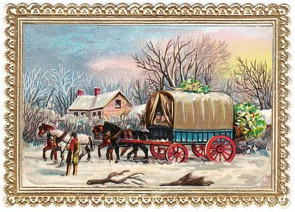 Horse-drawn wagon in the snow on a Christmas card