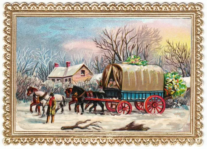 Framed Print : Horse-drawn wagon in the snow on a Christmas card Framed Print : Horse-drawn wagon in the snow on a Christmas card