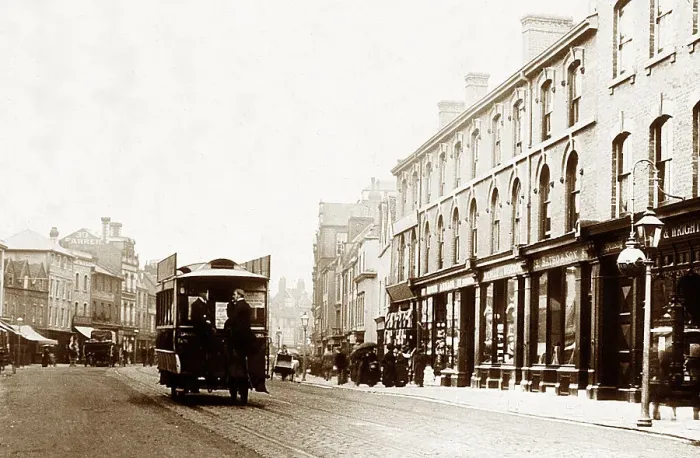 Framed Print : Horse tram, Broad Street, Reading, Victorian period Framed Print : Horse tram, Broad Street, Reading, Victorian period