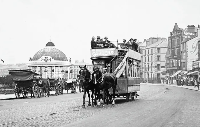 Framed Print : Horse tram, West End Gardens, Morecambe, early 1900s Framed Print : Horse tram, West End Gardens, Morecambe, early 1900s