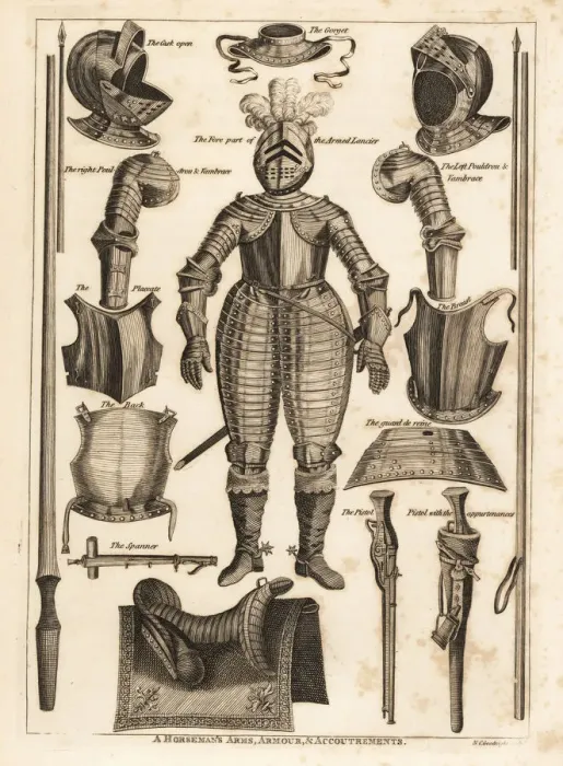 Framed Print : Horsemans arms, armour and accoutrements, 17th century Framed Print : Horsemans arms, armour and accoutrements, 17th century