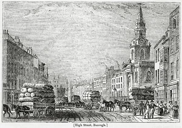 Horses and carriages transport goods along a busy Borough High Street