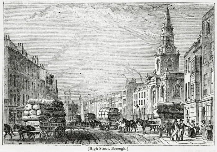 Framed Print : Horses and carriages transport goods along a busy Borough High Street Framed Print : Horses and carriages transport goods along a busy Borough High Street
